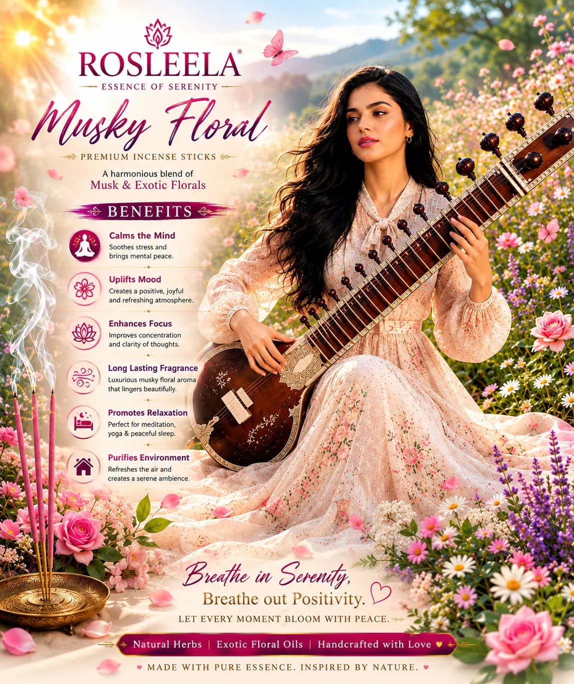 Rosleela Musky Floral Room Freshener Incense Sticks |Sweet Musky Floral for Study & Home(10 pcs)